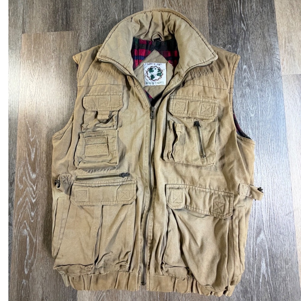 North Bay Utility Vest Mens Large Tan Plaid Lined Multi Pocket Cargo Canvas